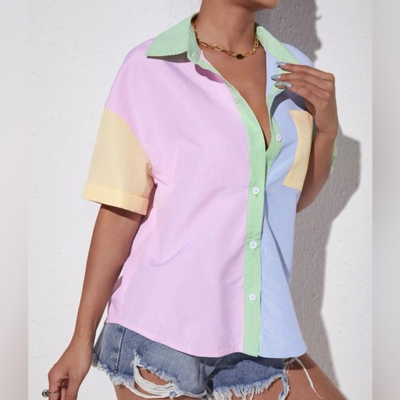 BRAND NEW! Striped Colorblock Drop Shoulder Patch Pocket Shirt; Medium/6 - Picture 2 of 6